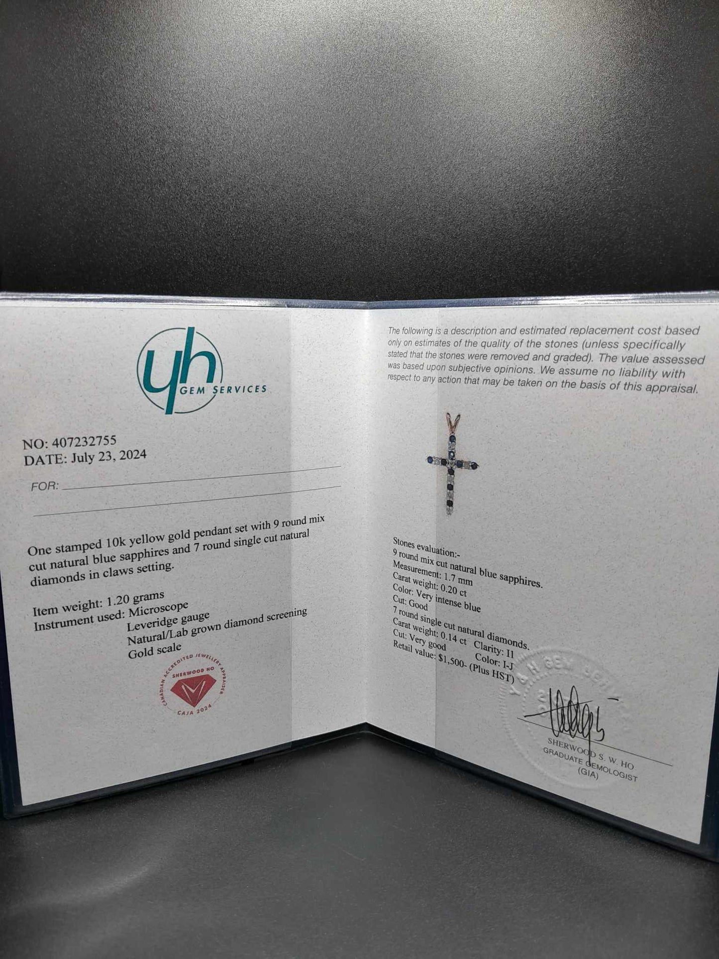 10Kt Gold Diamond Sapphire Cross Pendant