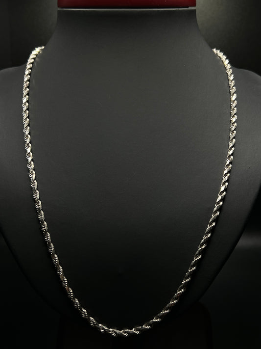 14Kt White Gold 22” 3MM Laser Cut Rope Link Chain