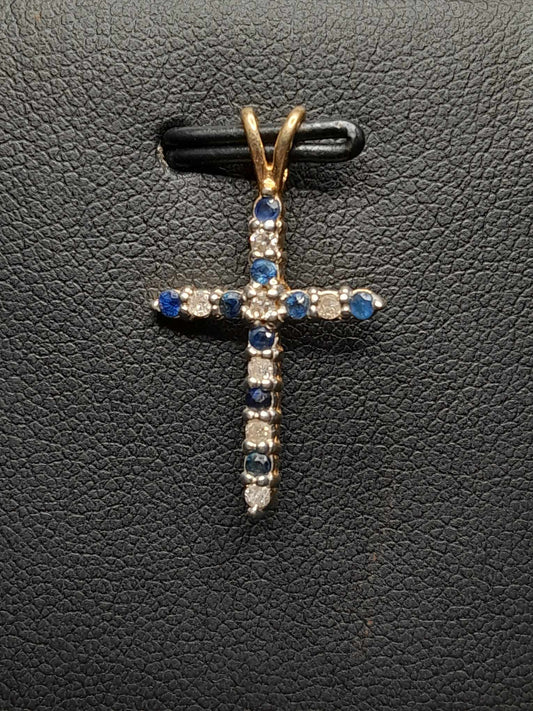 10Kt Gold Diamond Sapphire Cross Pendant